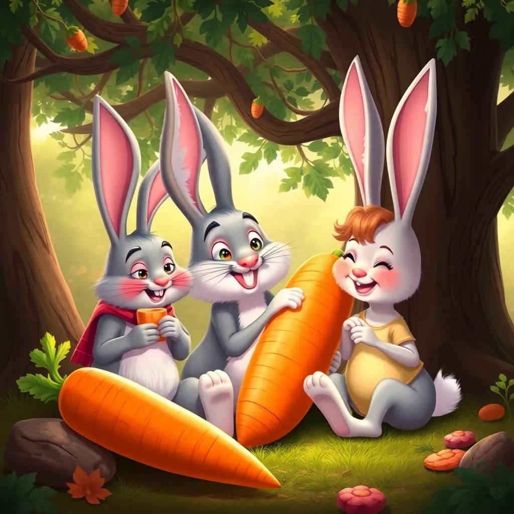 Benny Bunny, with Sammy and Hazel, sitting under the oak tree, enjoying slices of the giant carrot together, sharing and smiling, cozy atmosphere, rich colors, heartwarming and joyful art