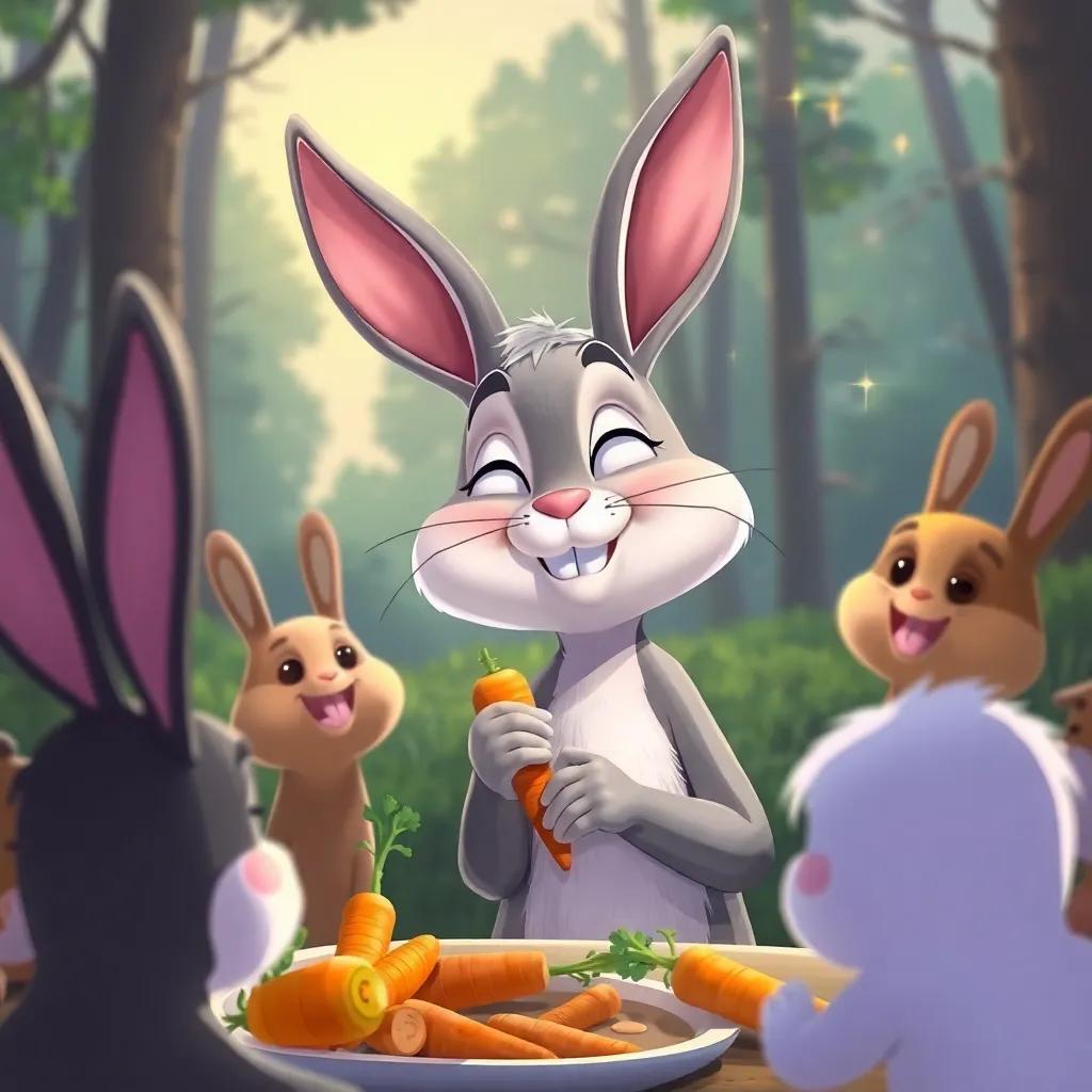 Benny Bunny, with a satisfied smile, surrounded by friends, after finishing the carrot feast, tranquil forest backdrop, twinkling stars starting to appear, a sense of friendship and happiness, uplifting illustration