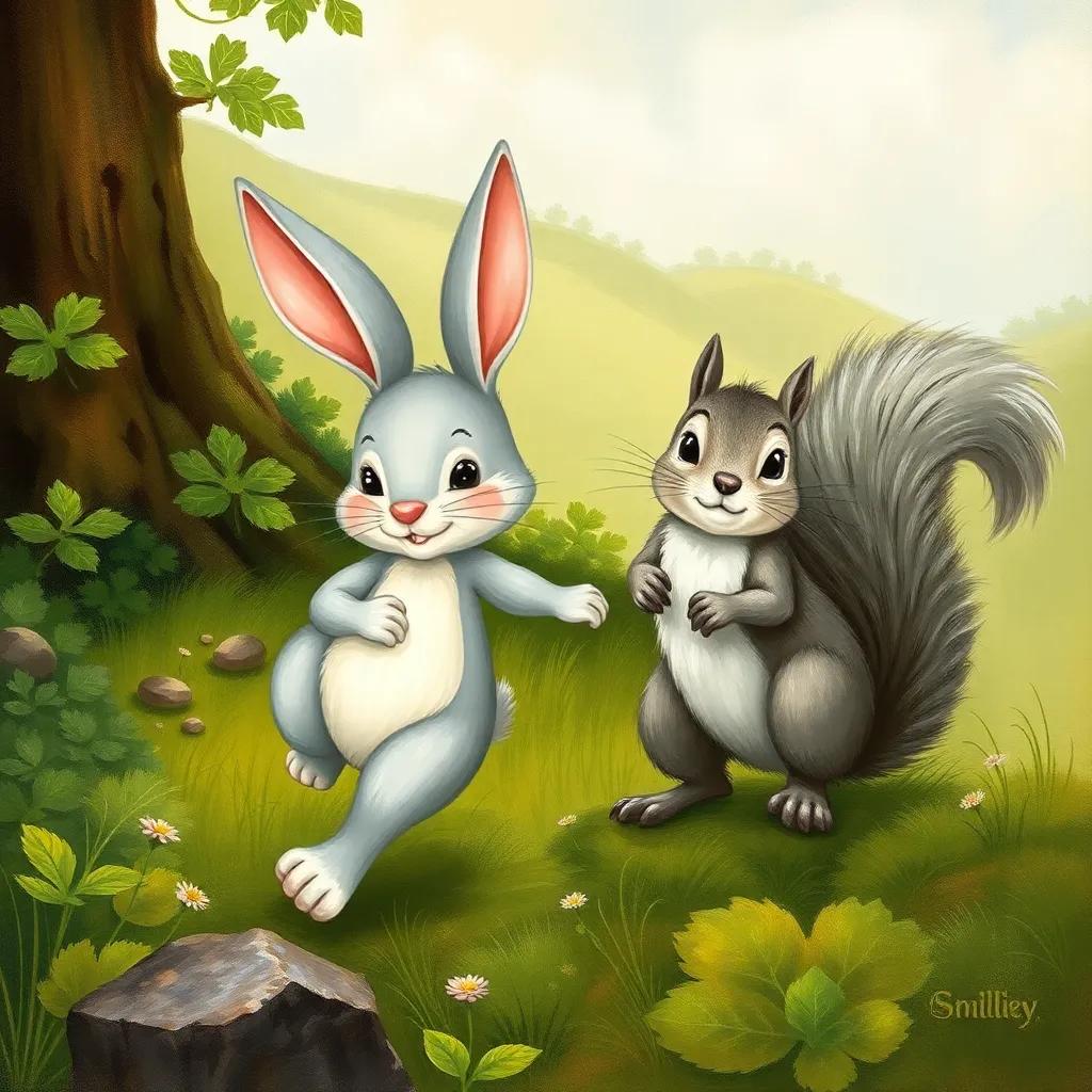 Benny the Bunny, small and bouncy with big ears, happily bounding next to a curious squirrel named Sally, a gray squirrel with a bushy tail, as they explore a lush green landscape, detailed illustration, lively and adventurous, child-friendly