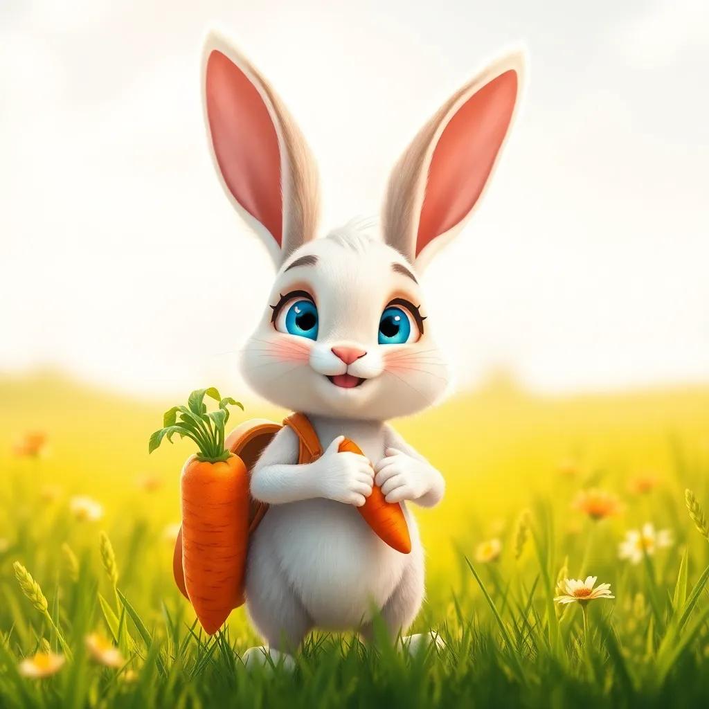 A brave bunny, Benny, with soft white fur and bright blue eyes, standing at the edge of a sunny meadow, packed with a carrot and full of excitement, digital art, vibrant colors, cheerful atmosphere, high quality