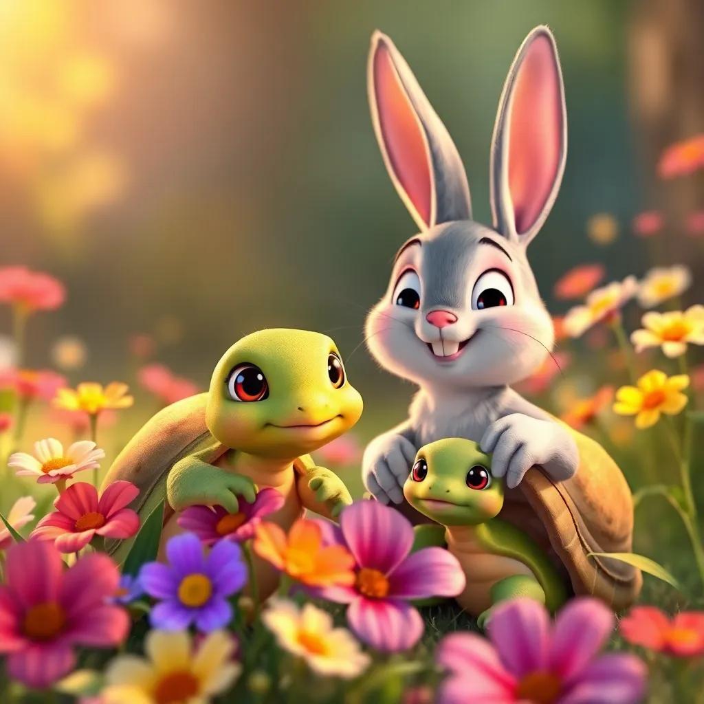 Benny the bunny smiling and encouraging a shy turtle named Tilly, who is green with big round eyes, peeking out from her shell beside colorful flowers, warm light, friendly, detailed, joyful scene