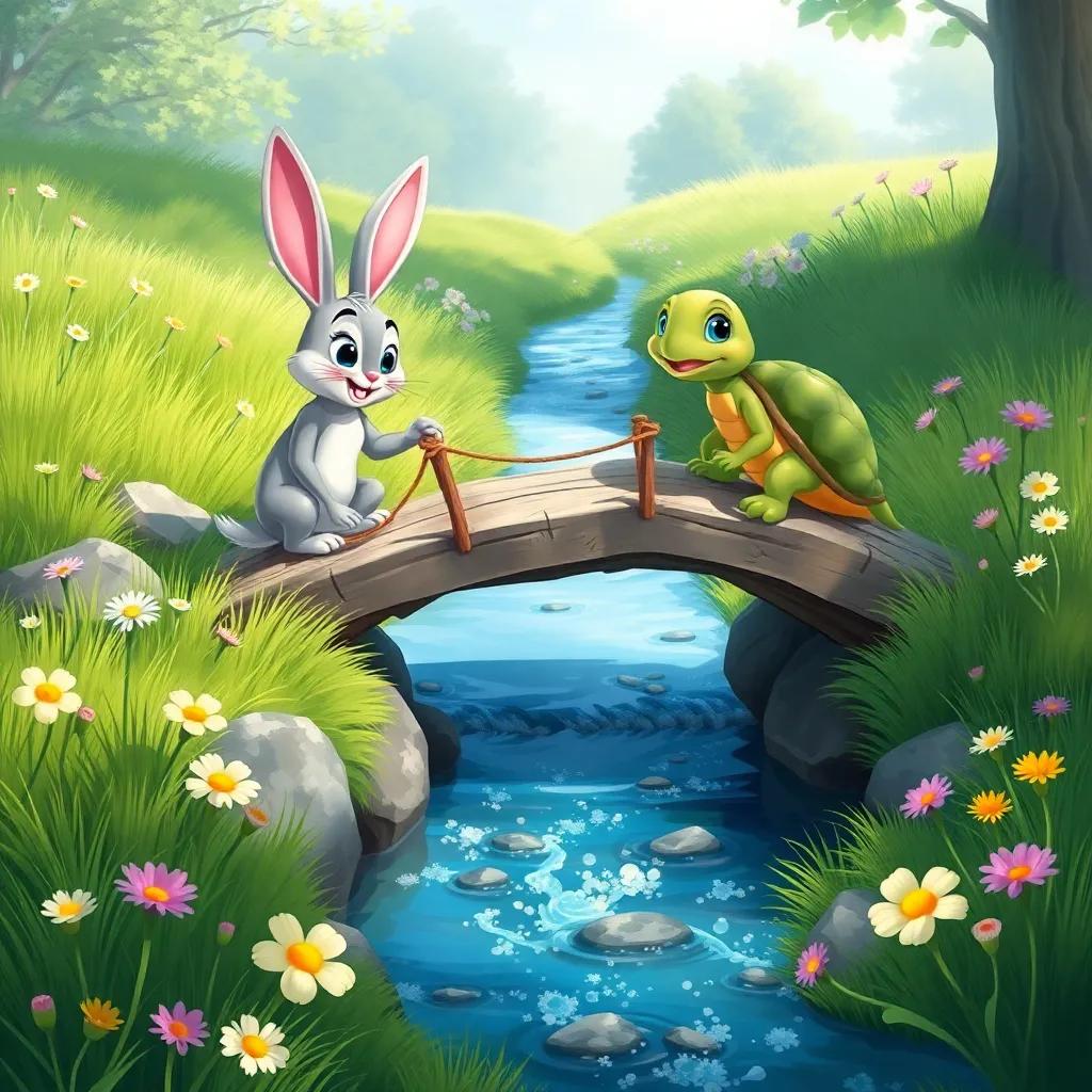 Benny the bunny and Tilly the turtle working together to build a bridge over a sparkling stream, surrounded by lush grass and blooming flowers in the meadow, digital painting, bright colors, teamwork, inviting