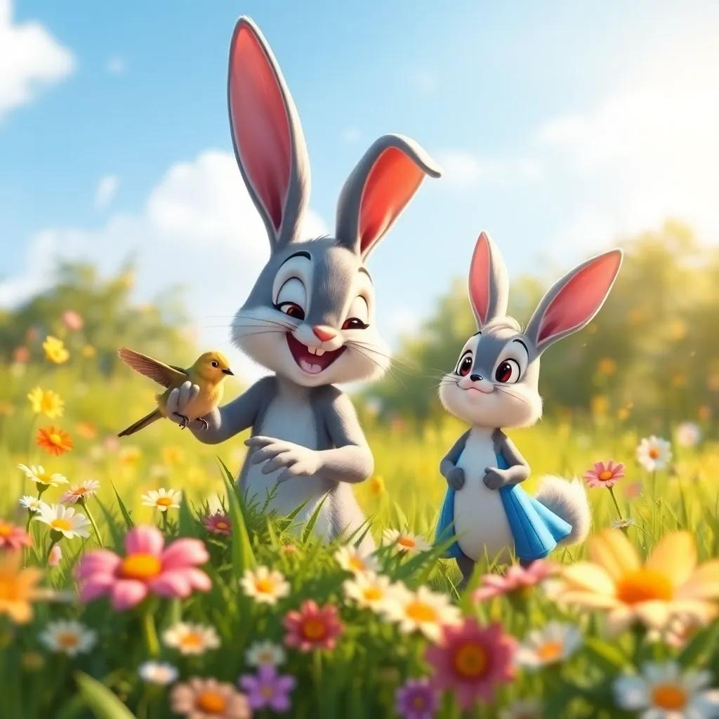Benny the bunny heroically freeing a little bird from some bushes, with Tilly by his side looking proud, in a sunny meadow filled with flowers, heartwarming scene, vibrant colors, uplifting