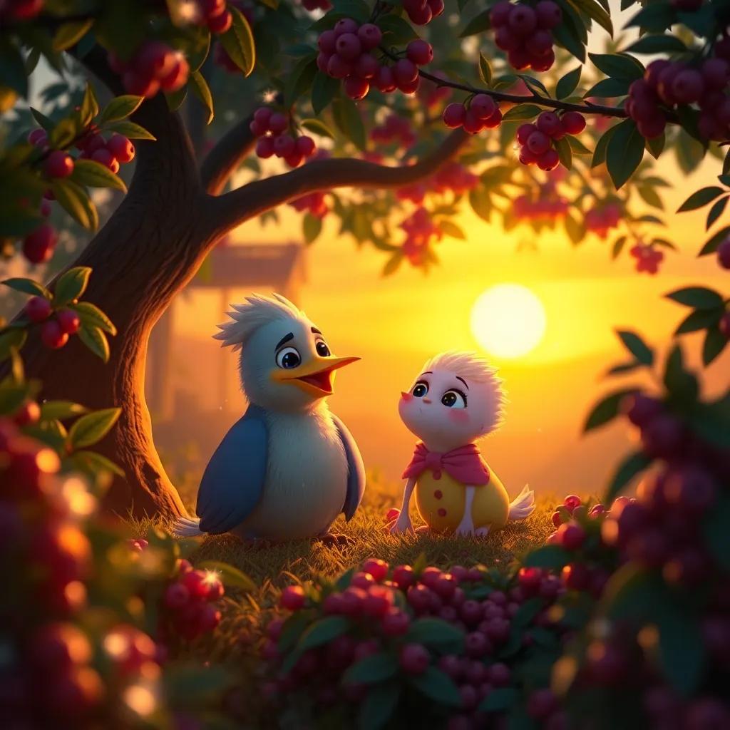 The bird happily thanking Benny and Tilly while sitting in a hidden grove filled with sparkling berries, both Benny and Tilly enjoying the moment, glowing sunset light, magical atmosphere, joyful