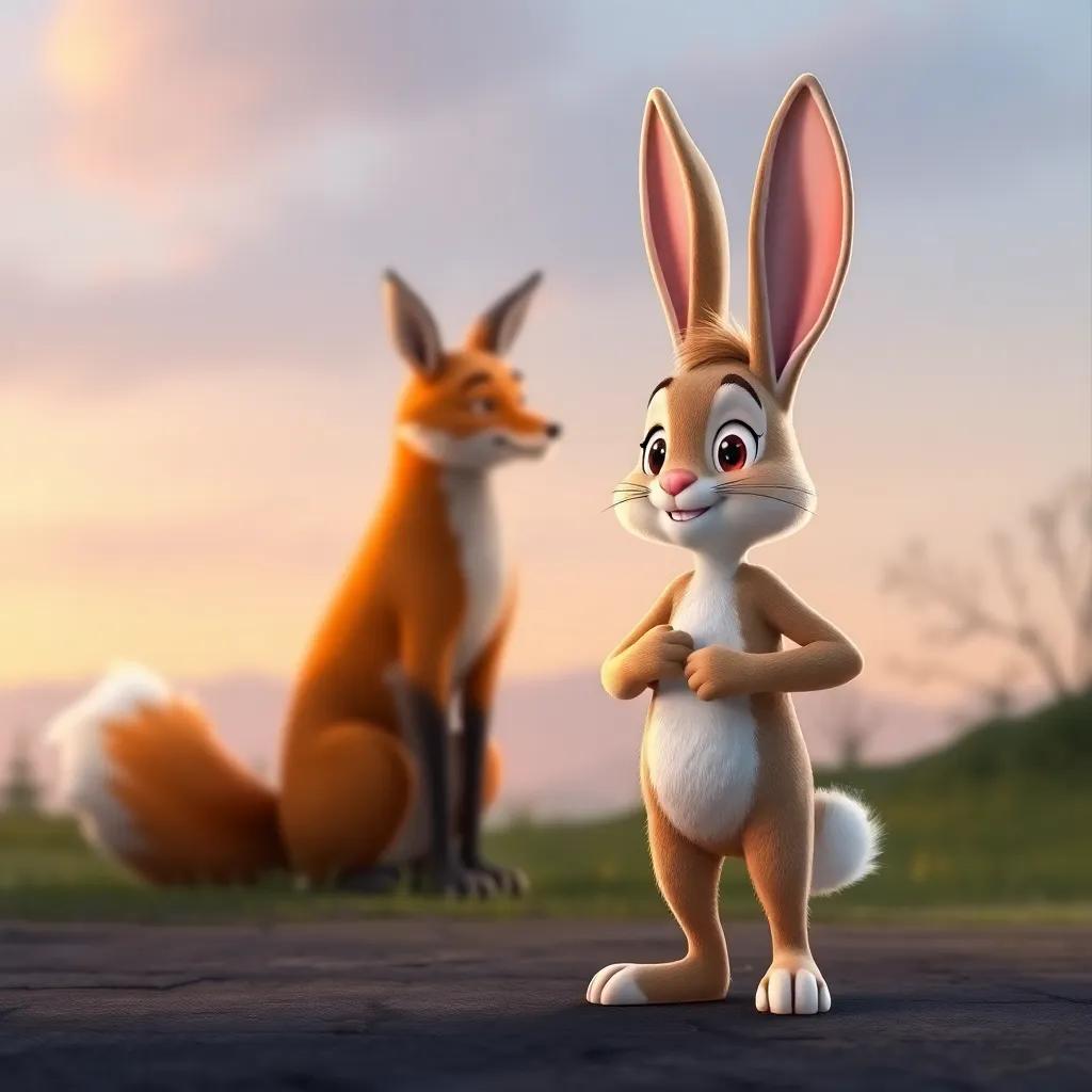 Benny the brave bunny standing tall and facing a tall mysterious fox, who is orange with sharp eyes, in the evening light, responsive and caring, friendly background, engaging scene