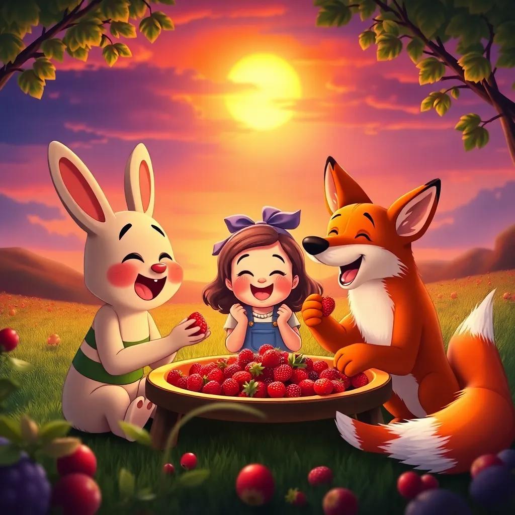 A friendly feast with Benny, Tilly, and the fox sharing berries under a colorful sunset, with laughter and joy surrounding them, vibrant colors, heartwarming friendships, storytelling scene