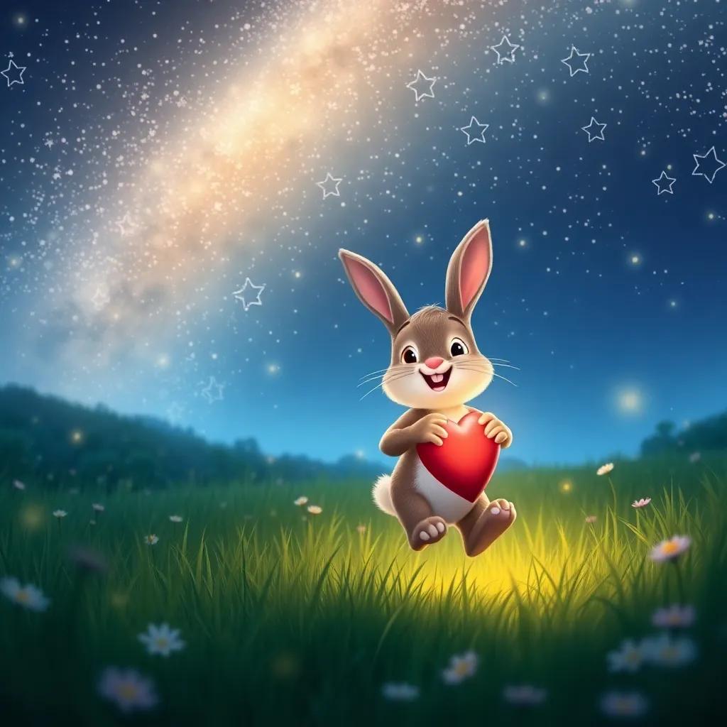 Benny the brave bunny hopping back home under a starry night sky, his heart full of joy and friendships, surrounding meadow peaceful, soft glows, reflective moment, enchanting