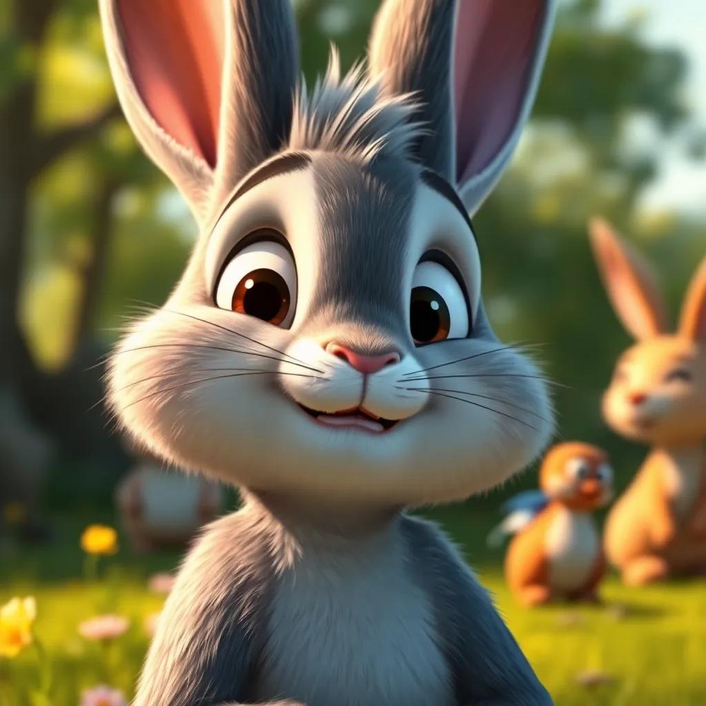 A close-up of Benny the bunny smiling with thoughtful eyes, planning his next adventure, with hints of the meadow and friends in the background, inspiring scene, warm light, cheerful shadow play