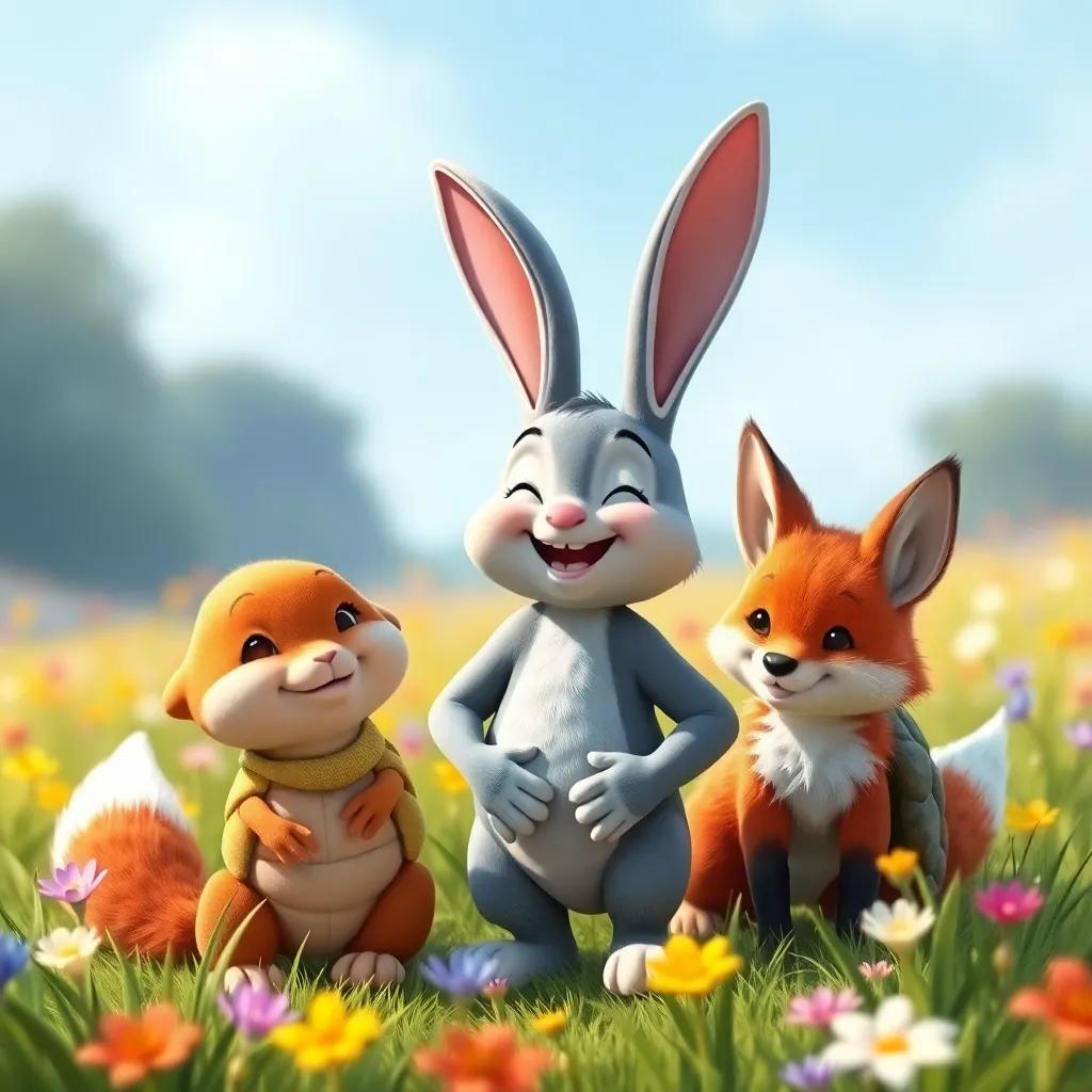 Benny the bunny, happy and brave, surrounded by Tilly the turtle and the fox, looking forward to future adventures together, colorful meadow, deep bond, enjoyable atmosphere