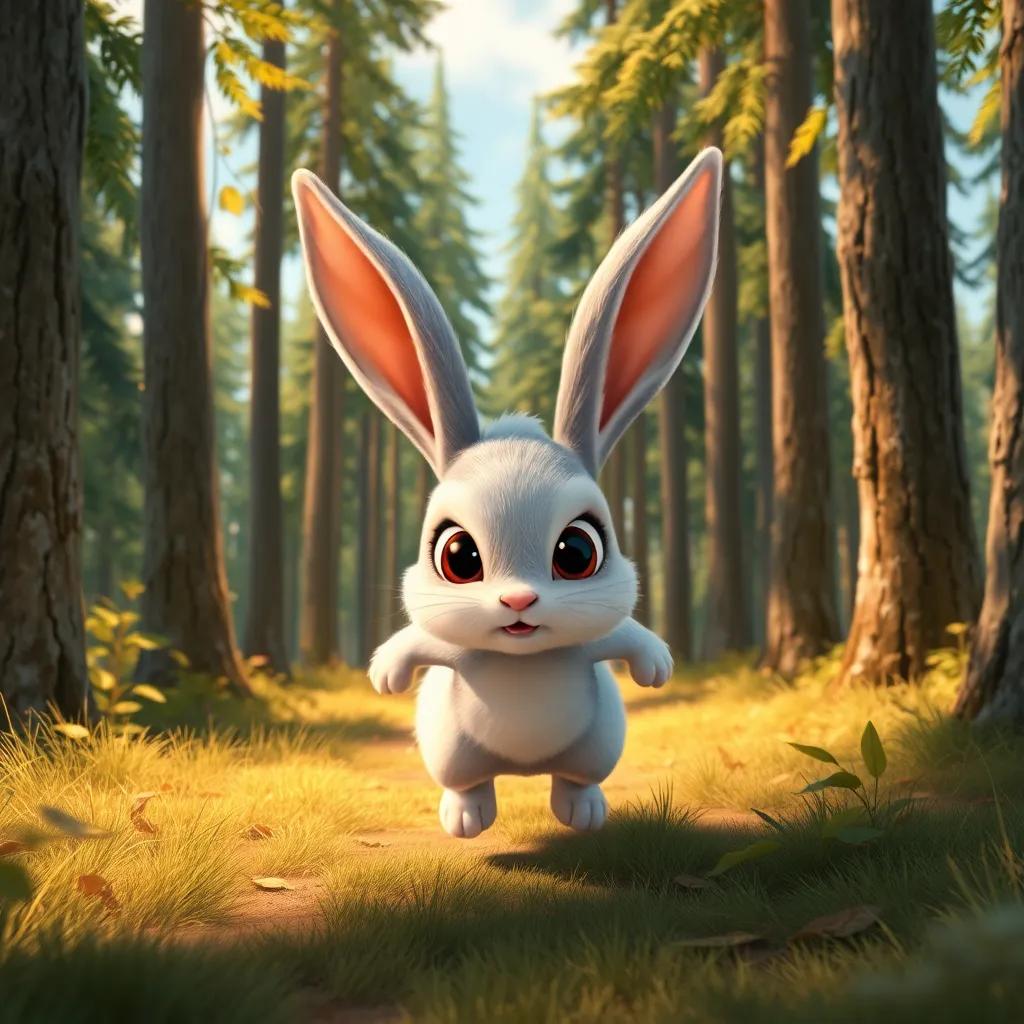 Benny the Brave Bunny, with soft white fur and big eyes, hopping nervously into the forest surrounded by tall trees and whispering leaves under a clear blue sky, detailed digital art, warm and inviting colors, high quality, adventurous