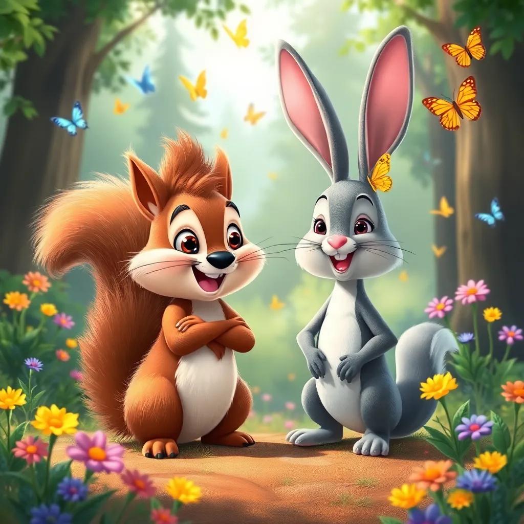 A cheerful squirrel named Sammy, with fluffy fur and a bushy tail, meeting Benny the Brave Bunny, both smiling in the forest clearing with colorful flowers and butterflies flying around, colorful scene, happy atmosphere, artful illustration, inviting
