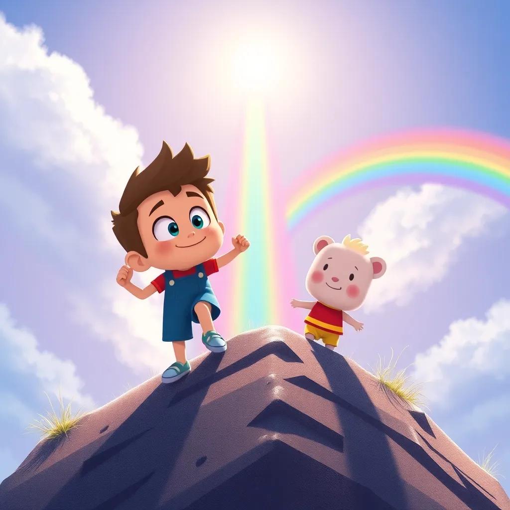 Benny and Sammy climbing a tall hill, Benny looking brave with determination in his eyes, the sun shining brightly and a beautiful rainbow appearing in the sky ahead, encouraging scene, light and bright colors, whimsical and inspiring, vibrant illustration