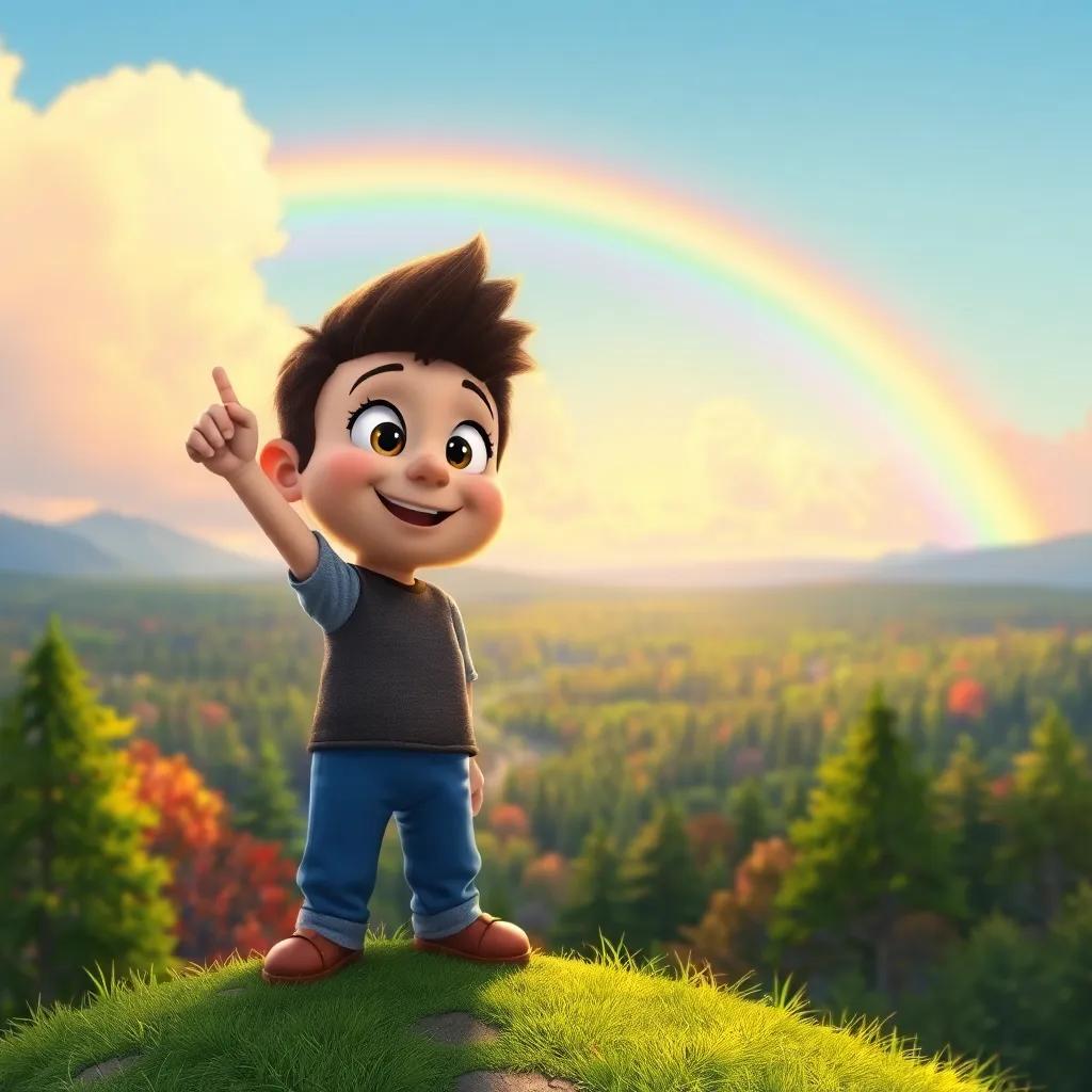 Benny, reaching the top of the hill, with a proud expression as he admires a stunning view of the forest below, the rainbow arching across the sky, brilliant colors, a sense of achievement, heartwarming digital art, high quality and delightful