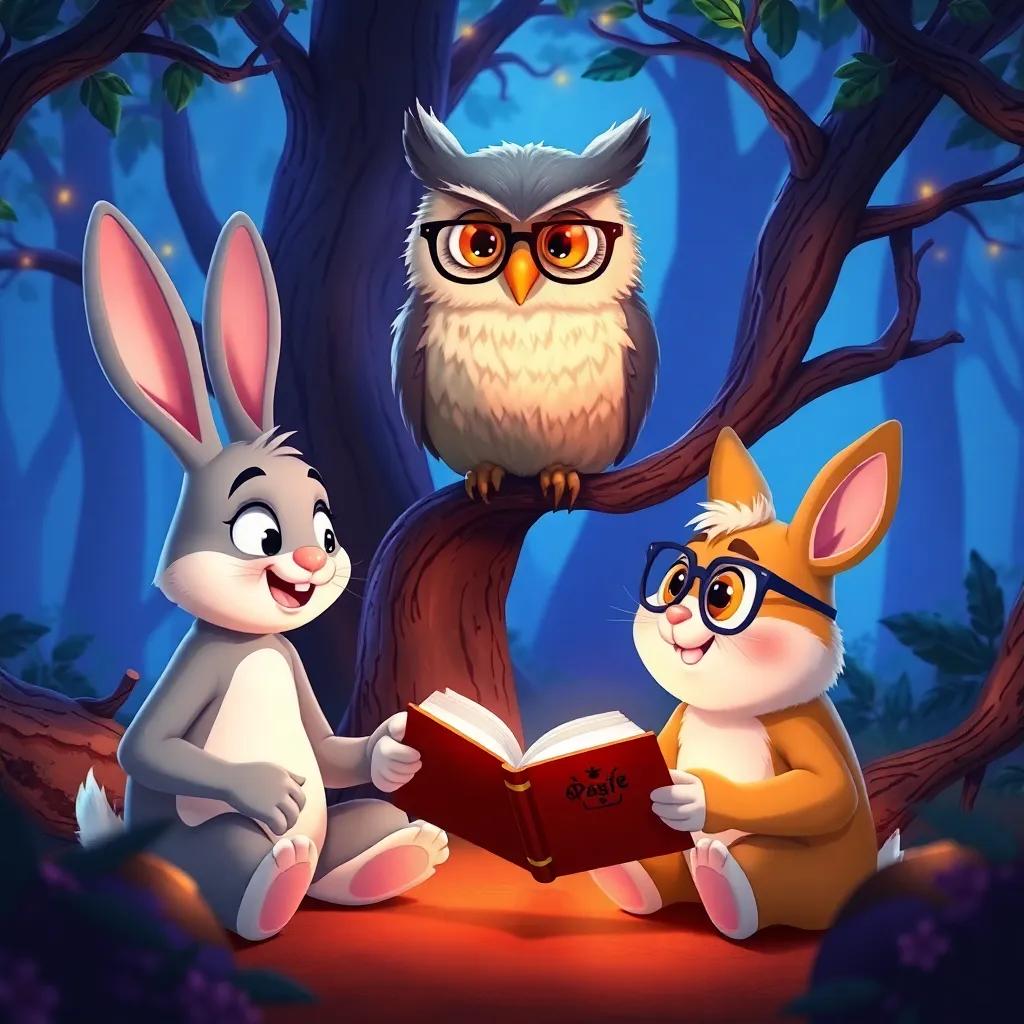 Benny the Brave Bunny and Sammy, in front of a wise old owl named Oliver, perched on a branch, wearing tiny glasses, telling stories in a mystical part of the forest, vibrant colors, enchanting atmosphere, cozy and inviting illustration