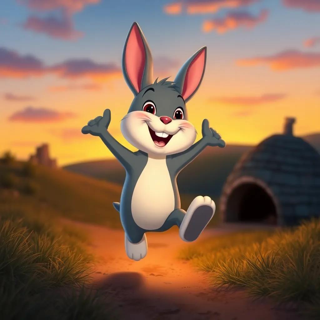 Benny hopping happily back home at sunset, filled with excitement, surrounded by the glowing colors of the sunset sky, his burrow visible in the background, warm and cozy hues, joyful expression, heartwarming scenery, charming digital art