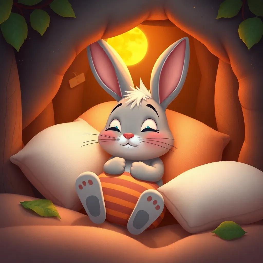 Benny the Brave Bunny snuggled in his burrow, with dreamy expressions, surrounded by soft pillows and leaves, with a glow from the moonlight, cozy and inviting, soft colors, warm atmosphere, whimsical bedtime digital art 