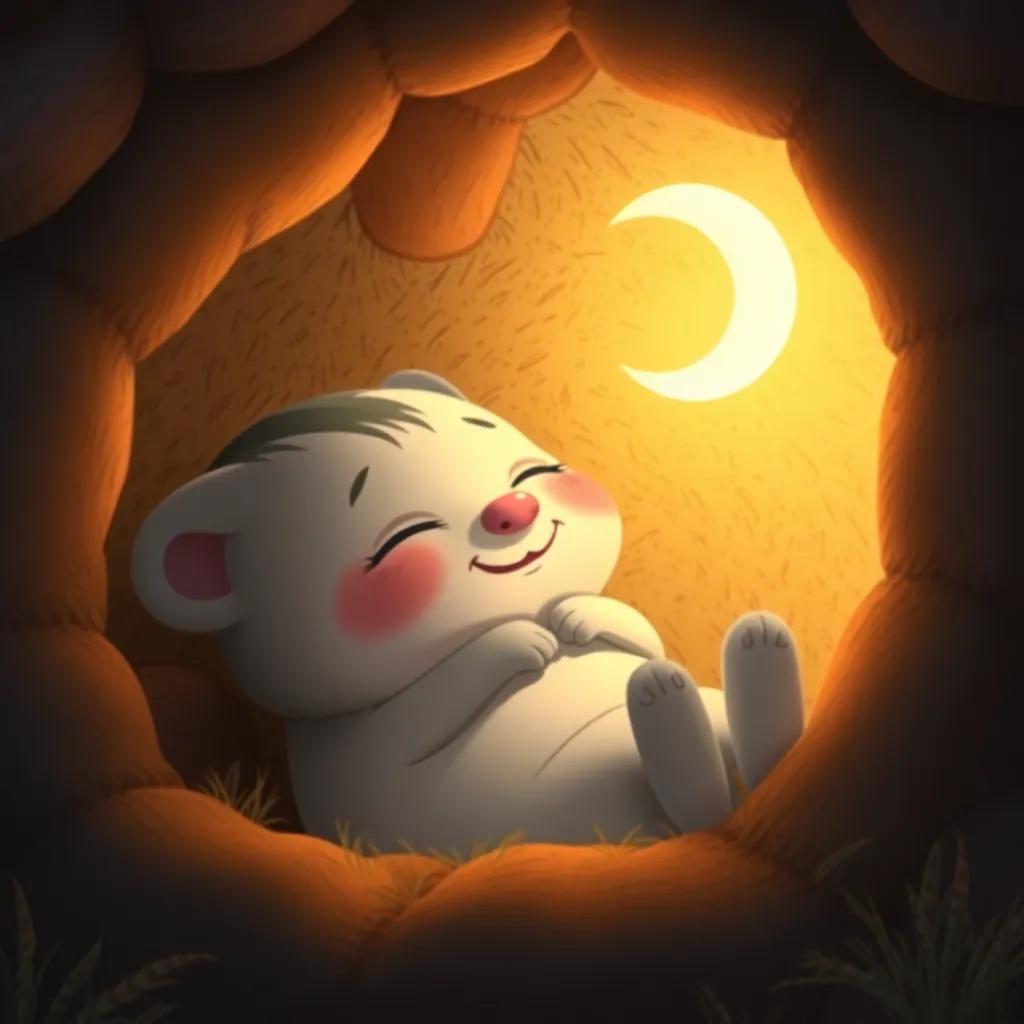Benny, asleep in his burrow with a smile on his face, dreaming of his adventure with his new friends, the cozy burrow's warmth surrounding him, detailed digital art, soft and soothing colors, peaceful atmosphere, high quality