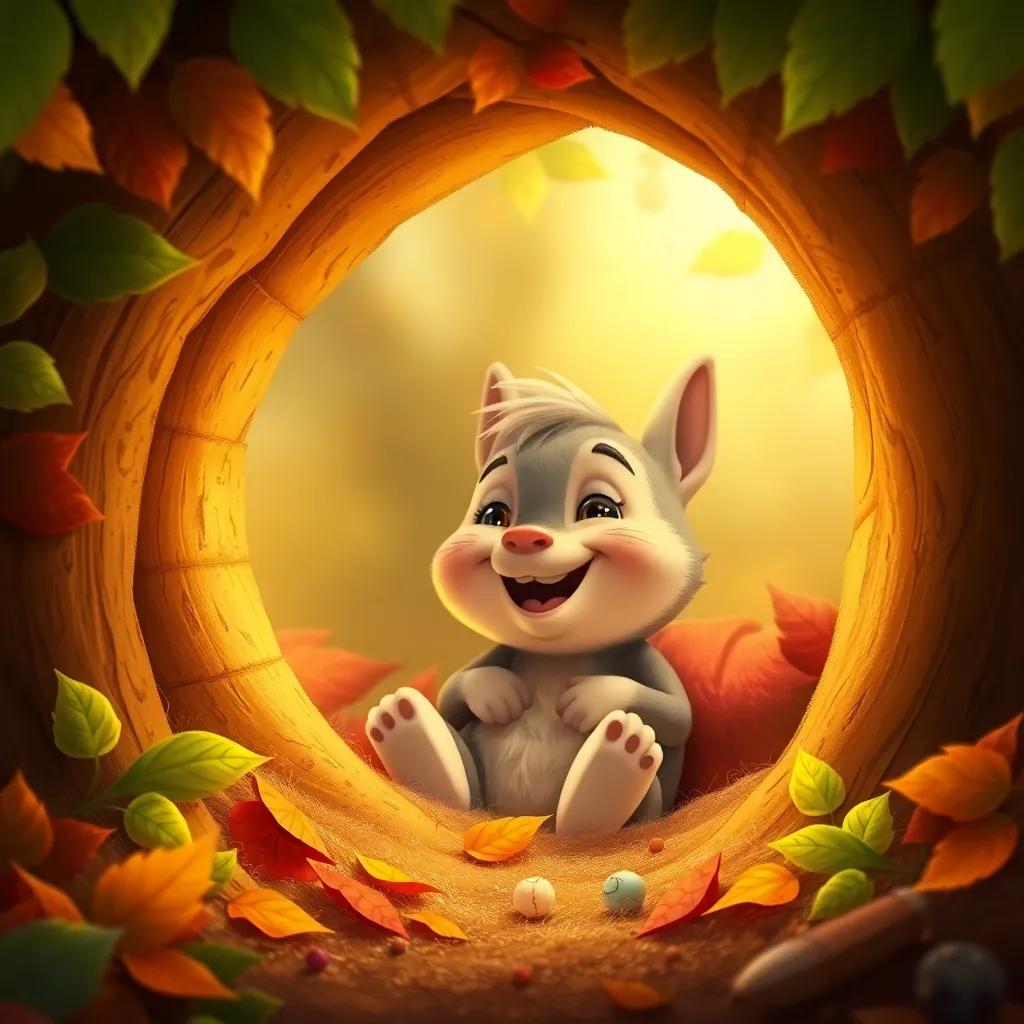 Benny smiling brightly in his burrow, imagining future adventures with his new forest friends, the cozy setting filled with leaves and warmth, colorful and inviting, child-friendly digital art, heartwarming ambiance