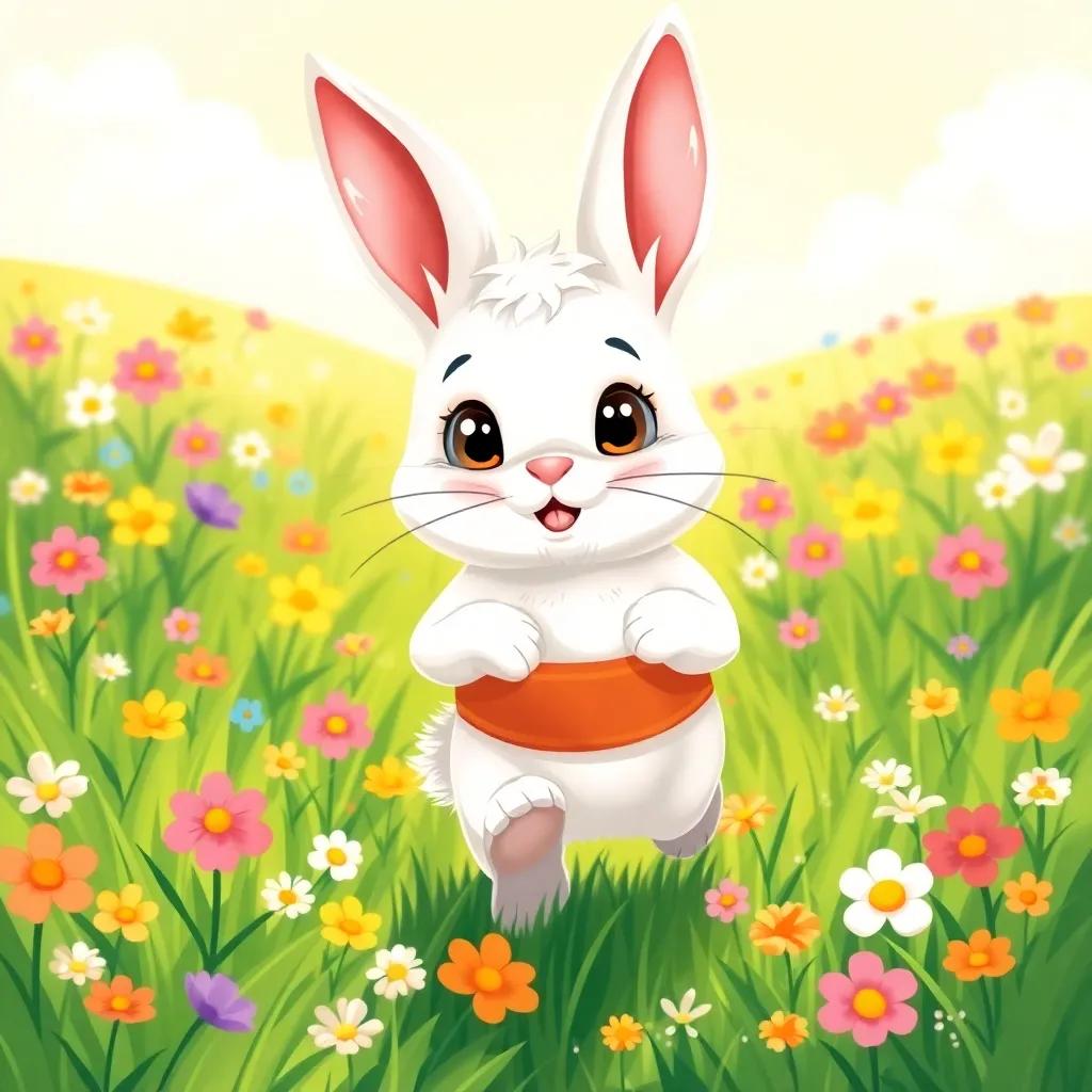 A brave little bunny, Benny, with soft, fluffy white fur and big bright eyes, happily hopping in a green meadow filled with colorful flowers, bright sunshine, cheerful atmosphere, digital art, child-friendly, vibrant colors, high quality