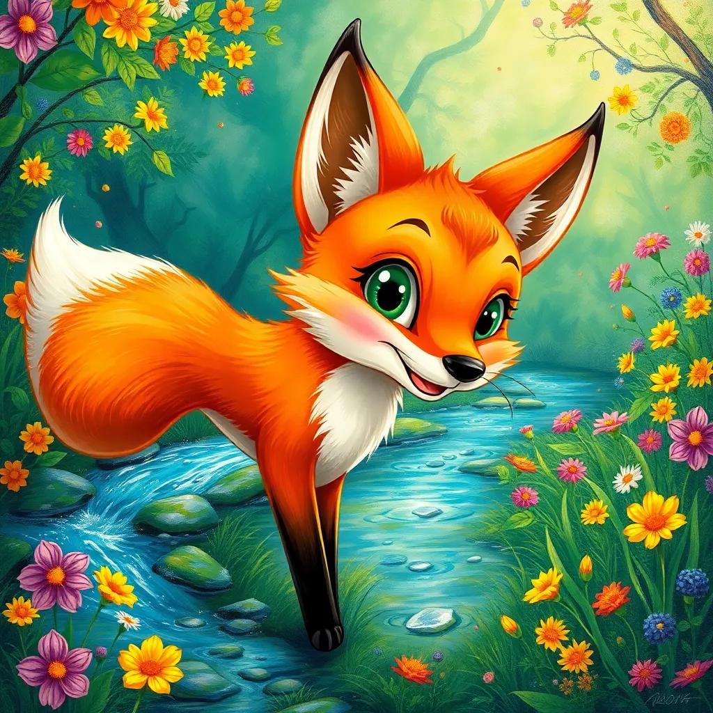 A friendly fox named Runa, with shiny orange fur and bright green eyes, smiling at Bvmn in a hidden glade filled with colorful flowers and sparkling streams, illustration, cheerful, magical theme, friendly interaction, high quality