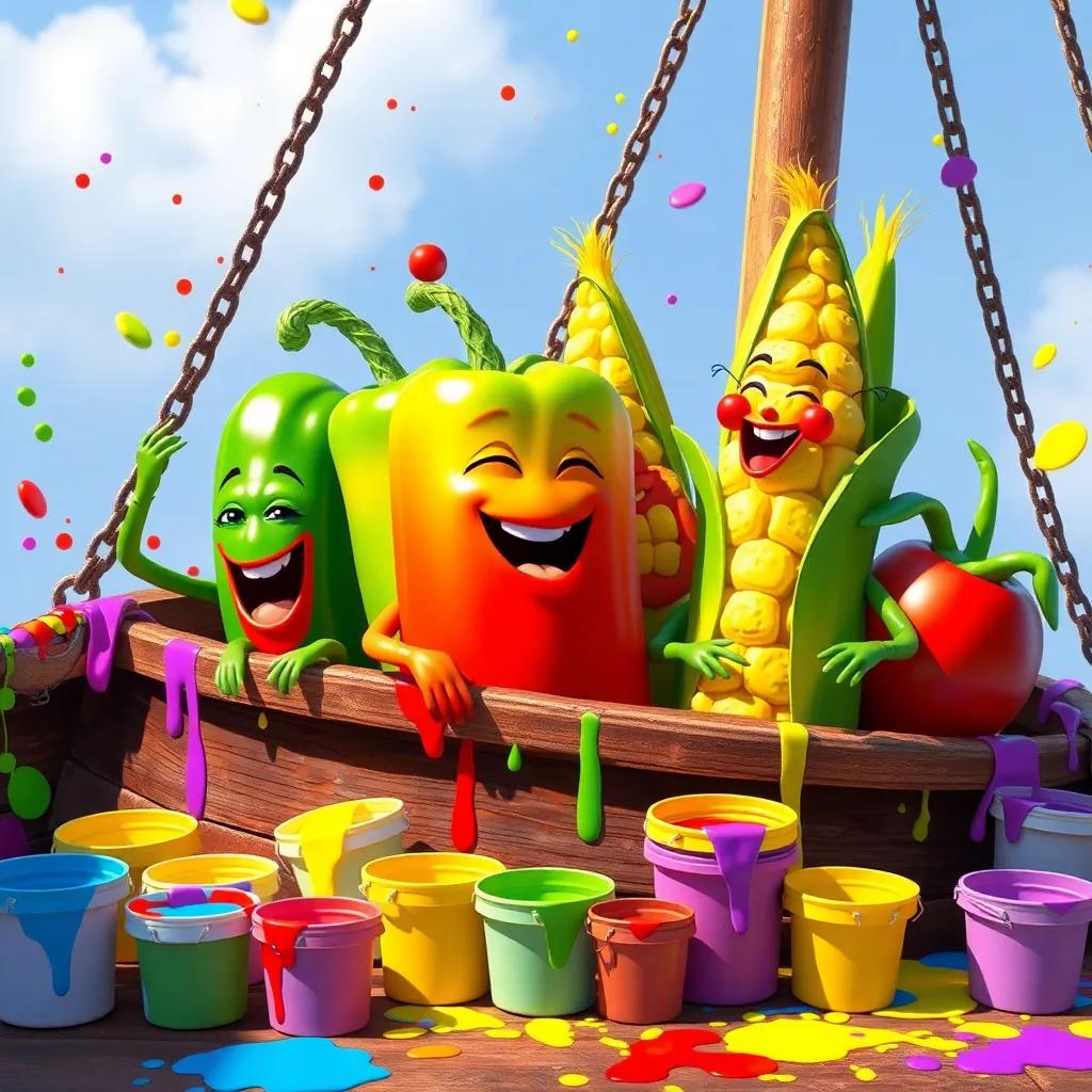 Chili the pepper with cucumber, corn, and tomato friends, painting their ship bright colors, surrounded by buckets of paint, laughter and joy in the air, colorful and fun, digital art