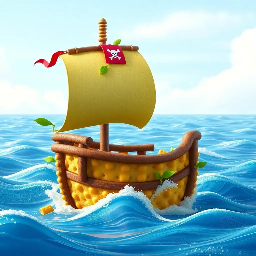 The Spicy Dream pirate ship, made of crunchy crackers, sailing on blue waves with sails made of leafy greens, under a clear sky, playful and adventurous, child-friendly