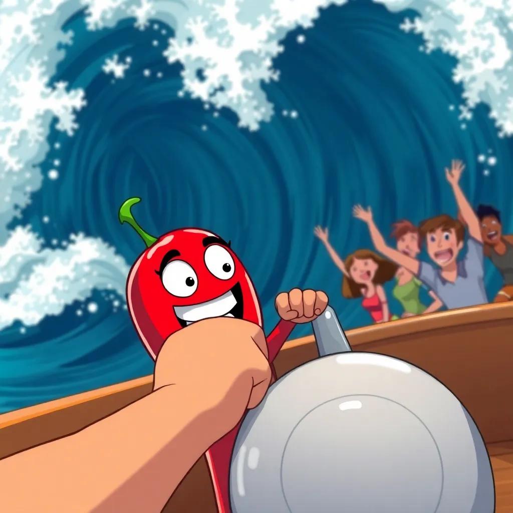 Chili gripping the steering wheel of the ship tightly, facing a giant wave, friends are cheering in the background, a dynamic and exciting moment, colorful illustration