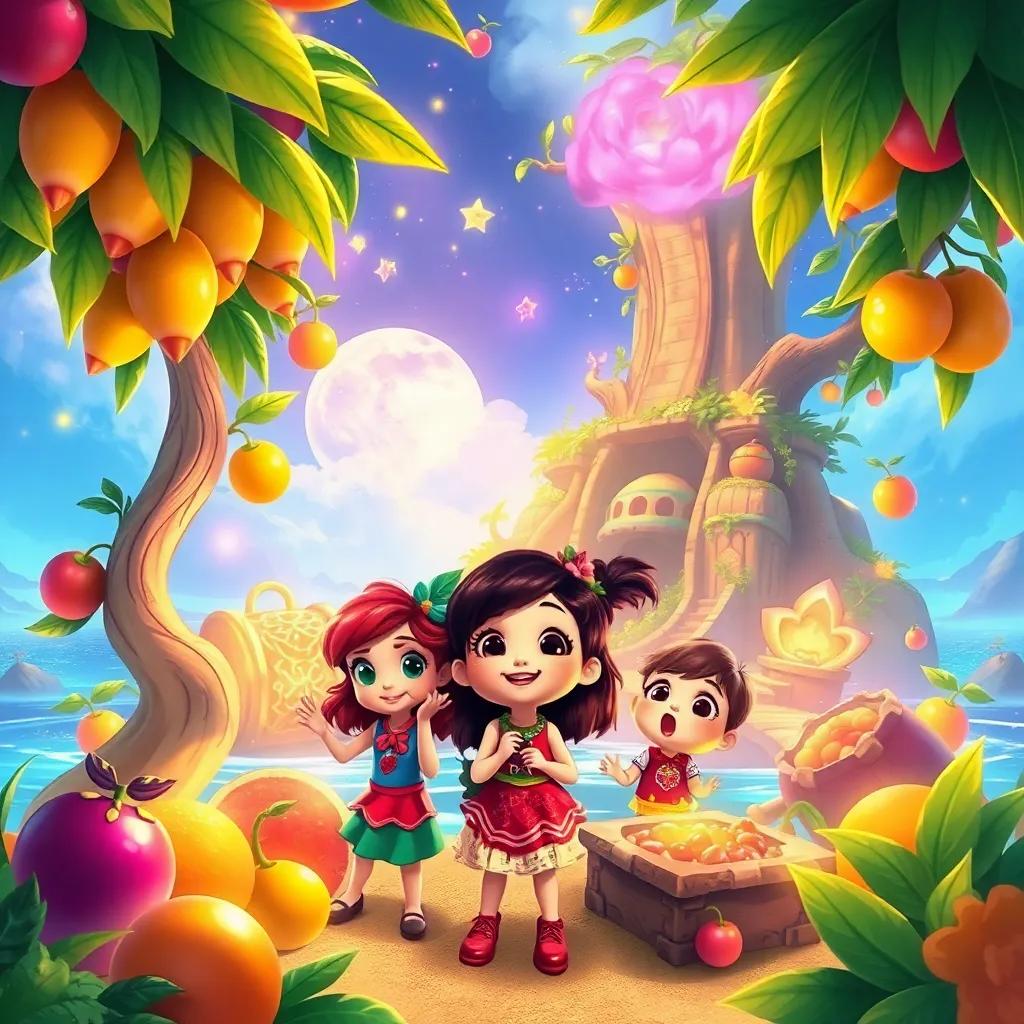 A magical island filled with colorful fruits and shining treasures, Chili and her friends gasping at the sight, vibrant colors, magical atmosphere, illustrated