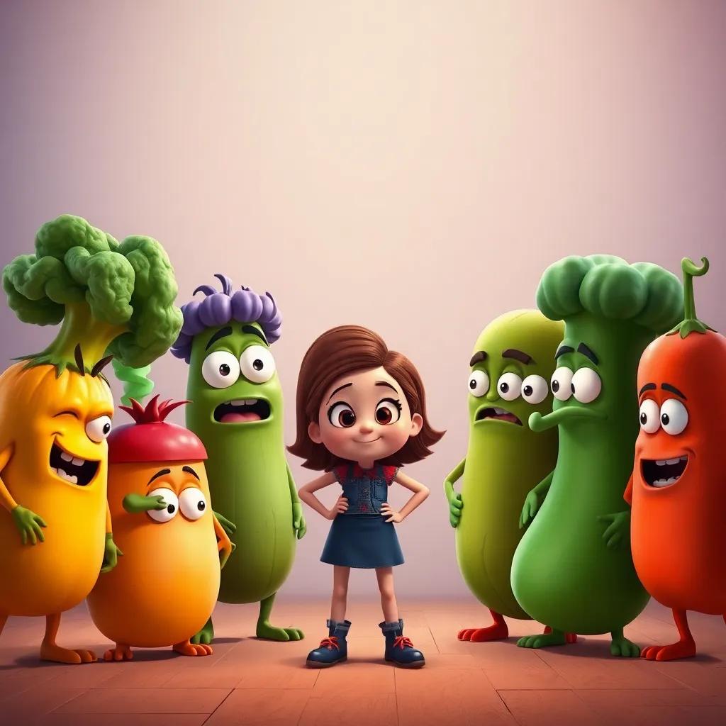 Mean vegetables confronting Chili and her crew, faces looking tough but not scary, Chili standing confidently, children’s cartoon style, fun setting