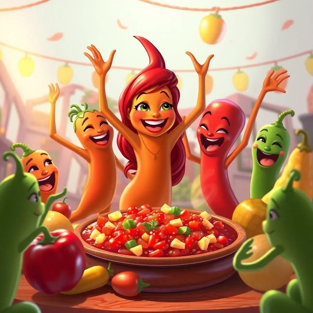 Chili and her crew dancing and celebrating with mean veggies around a big feast of spicy salsa, joyful and friendly atmosphere, colorful party scene