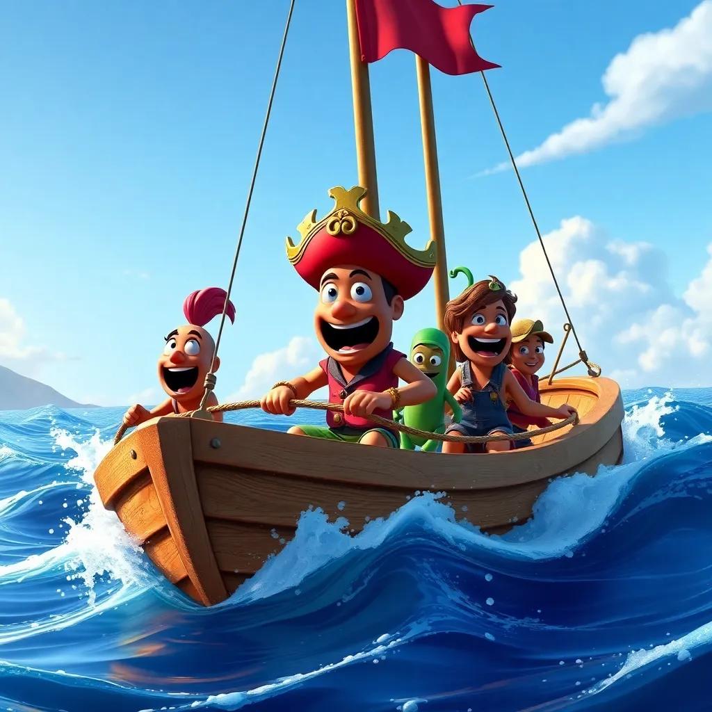 Captain Chili Peppers sailing again with her crew, exploring new islands, ocean waves splashing, happiness and excitement on their faces, vibrant colors, adventure theme