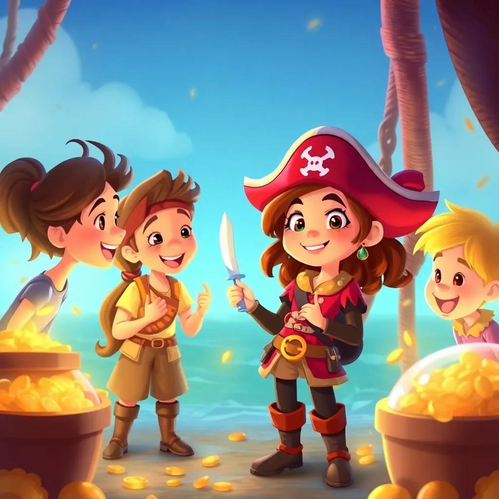 Chili, the best pirate captain, teaching her friends about bravery and sharing, surrounded by treasure and laughter, warm and inviting, digital painting