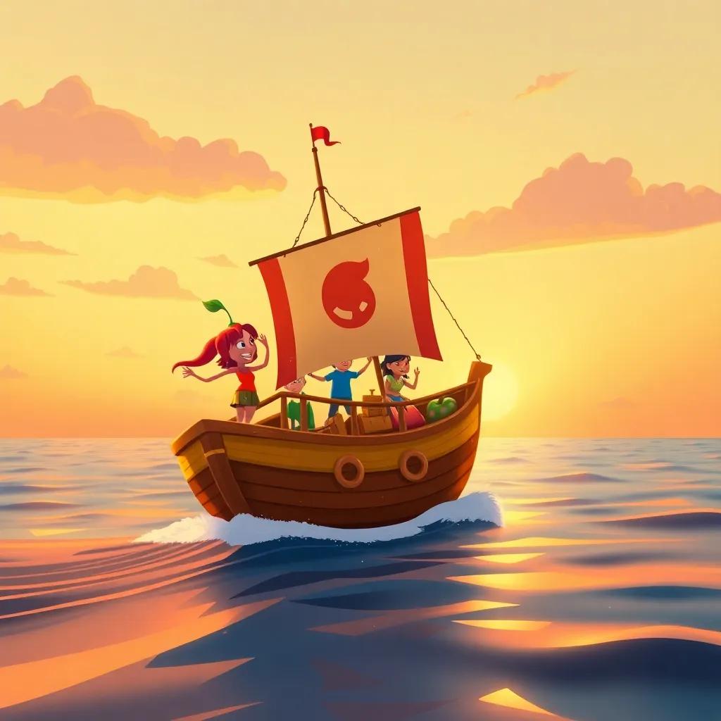 Chili and her crew sailing into the sunset, the Spicy Dream ship gliding smoothly, a hopeful and adventurous feeling, beautifully illustrated, high quality