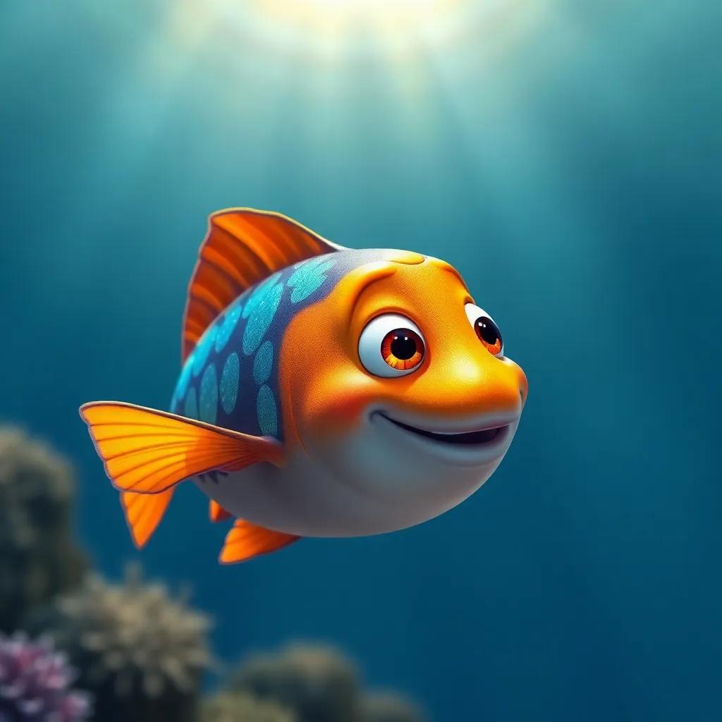 A young fish, Captain Fish, with shiny, colorful scales swimming in a deep blue sea with sunlight filtering through, digital art, vibrant colors, playful atmosphere, high quality