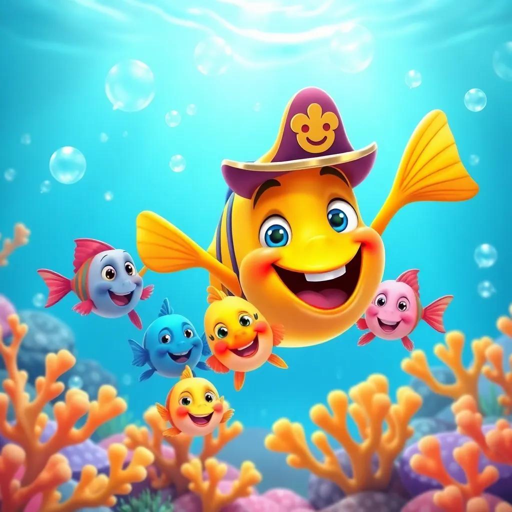 Captain Fish and his friends, a group of small, colorful fish swimming together, excitedly exploring the ocean, surrounded by bubbles and bright coral, cheerful illustration, bright colors, adventure-themed, child-friendly