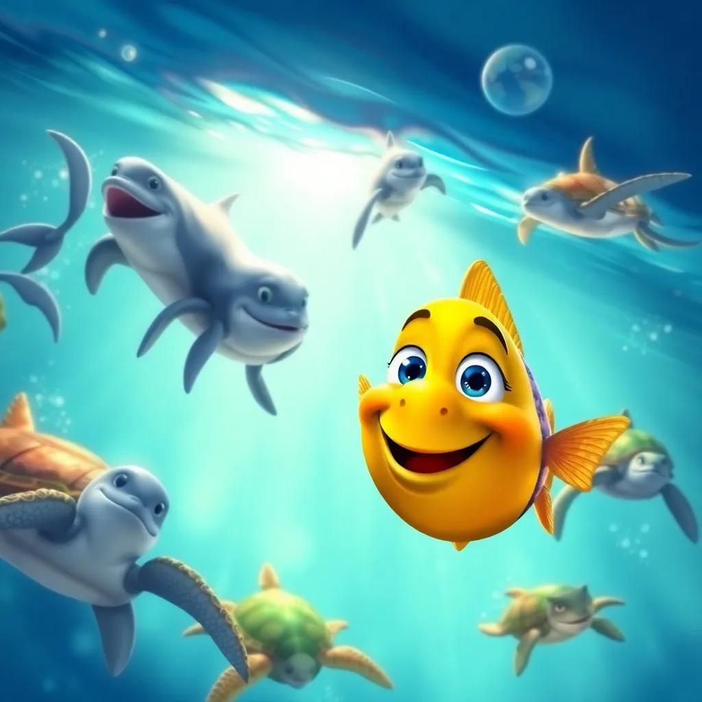 Captain Fish swimming beside joyful dolphins jumping out of the water, with sea turtles drifting gracefully, a sense of wonder and excitement, digital painting, lively scene, vivid colors, high quality