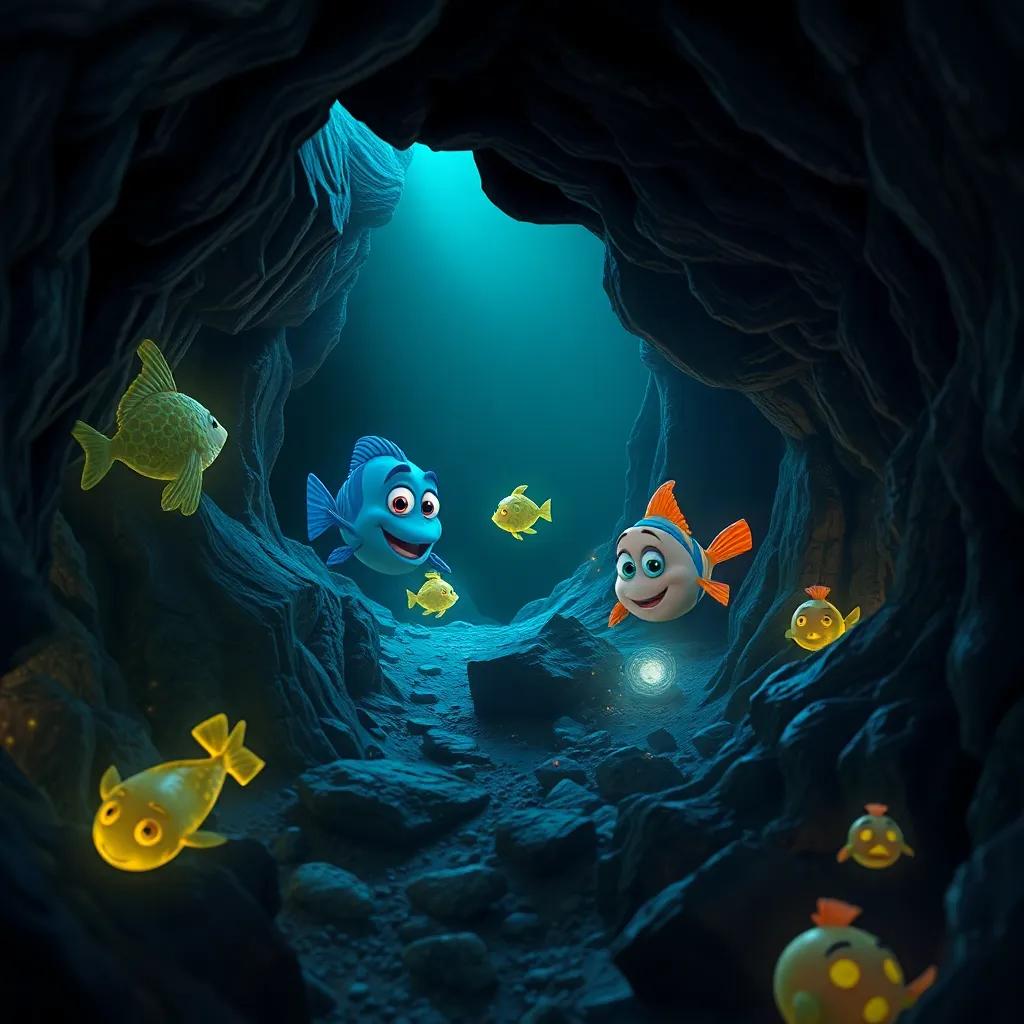 A dark cave in the ocean, with Captain Fish and friends peeking inside; strange glowing fish and sparkling stones illuminating the cave, mysterious atmosphere, digital art, mesmerizing colors, detailed