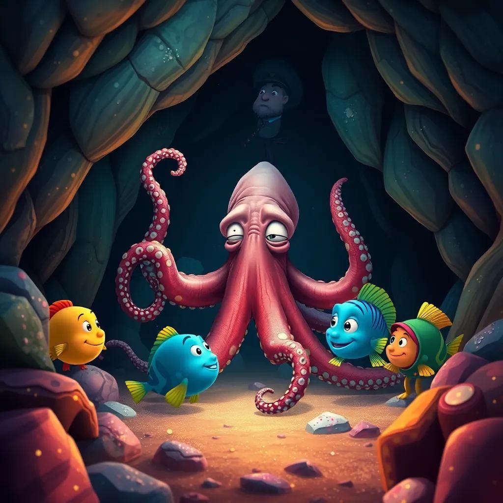 An old wise octopus with colorful tentacles speaking to Captain Fish and his friends in a cave, surrounded by glittering stones, enchanting scene, magical illustration, vibrant atmosphere, child-friendly