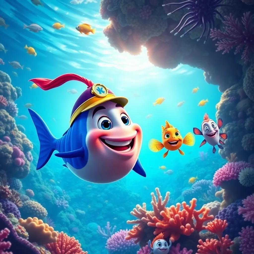 Captain Fish and his friends swimming together towards a beautiful coral reef filled with colorful fish and corals, joy and excitement in the water, bright colors, lively illustration, high quality