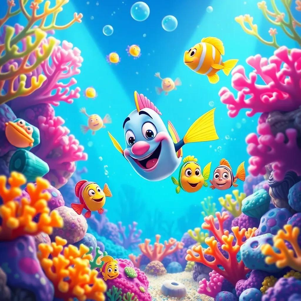 A magical coral reef with dancing fish in vibrant colors, Captain Fish and his friends exploring and playing among the corals, festive atmosphere, playful digital art, vivid and cheerful, child-friendly