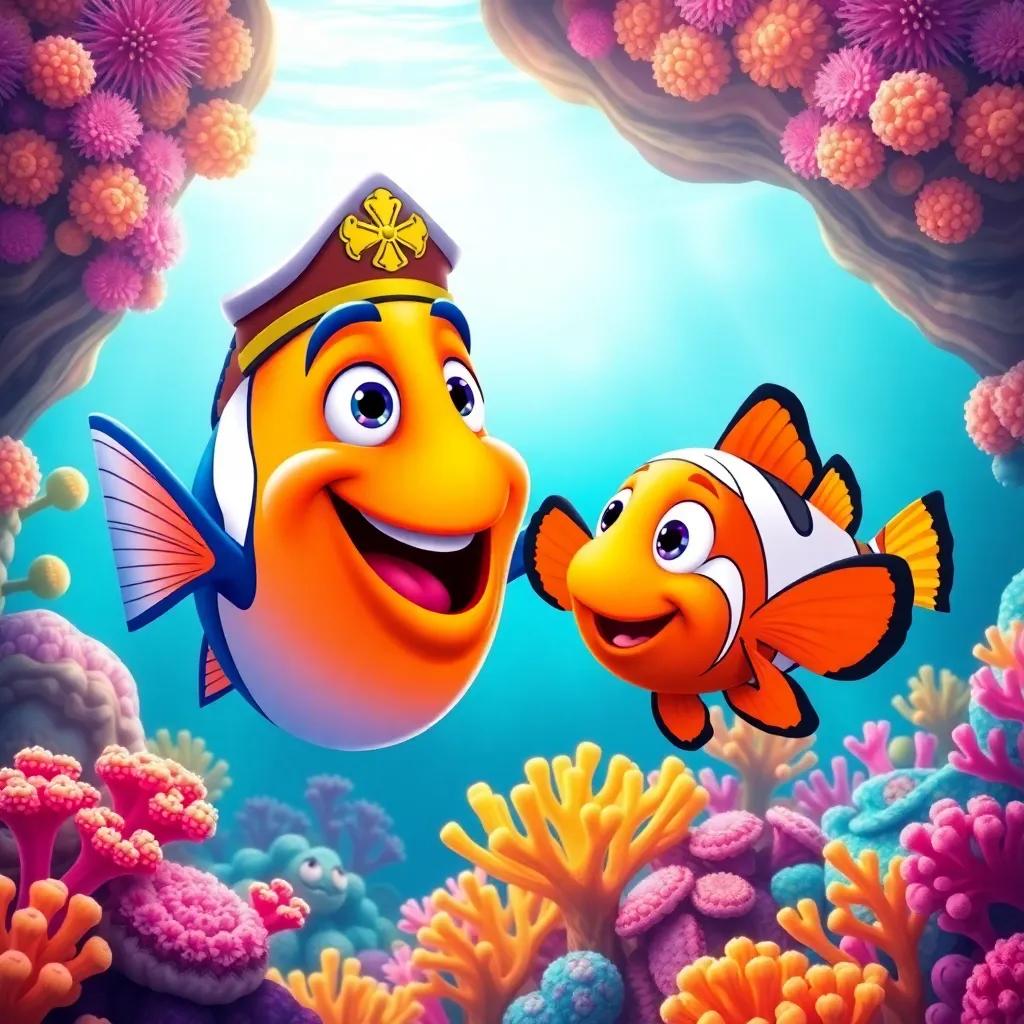 Captain Fish and a friendly clownfish greeting each other in the coral reef, surrounded by colorful corals and bright ocean scenes, colorful illustration, cheerful atmosphere, fun and vibrant