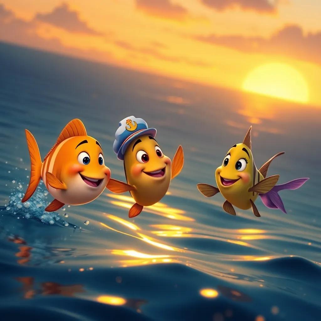 Captain Fish and his friends swimming back home at sunset, with golden light on the water, happy expressions as they talk about their day, whimsical digital art, warm colors, heartwarming scene, high quality