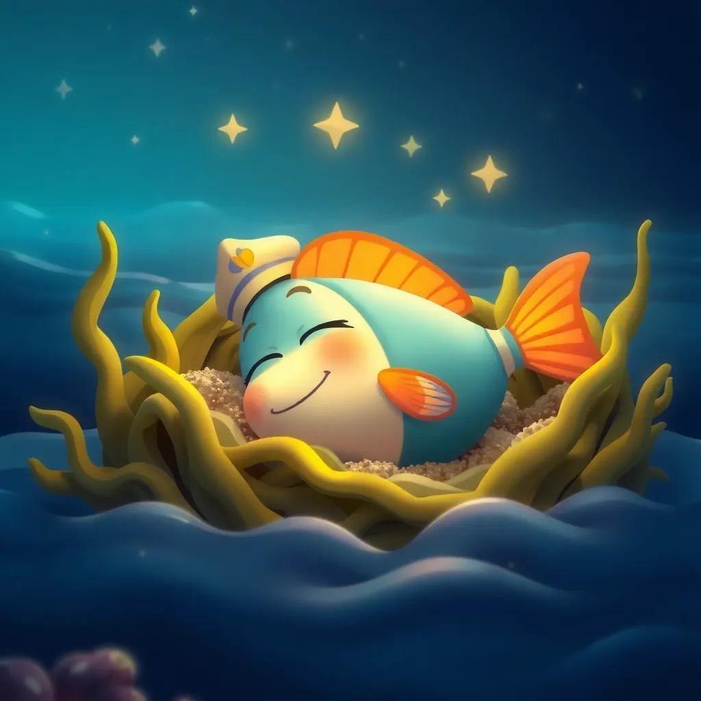 Captain Fish resting in a cozy seaweed spot at home, dreaming of adventures, a peaceful scene with twinkling stars and gentle waves in the background, soothing digital art, soft colors, dreamy atmosphere, high quality