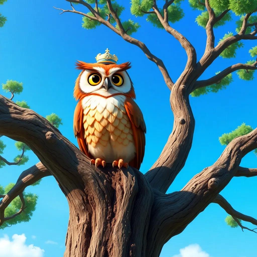 A wise owl, Captain Owl, perched on a tall oak tree with a bright blue sky in the background, feathers of brown and gold, looking cheerful and wise, digital art, vibrant colors, inviting atmosphere, high quality