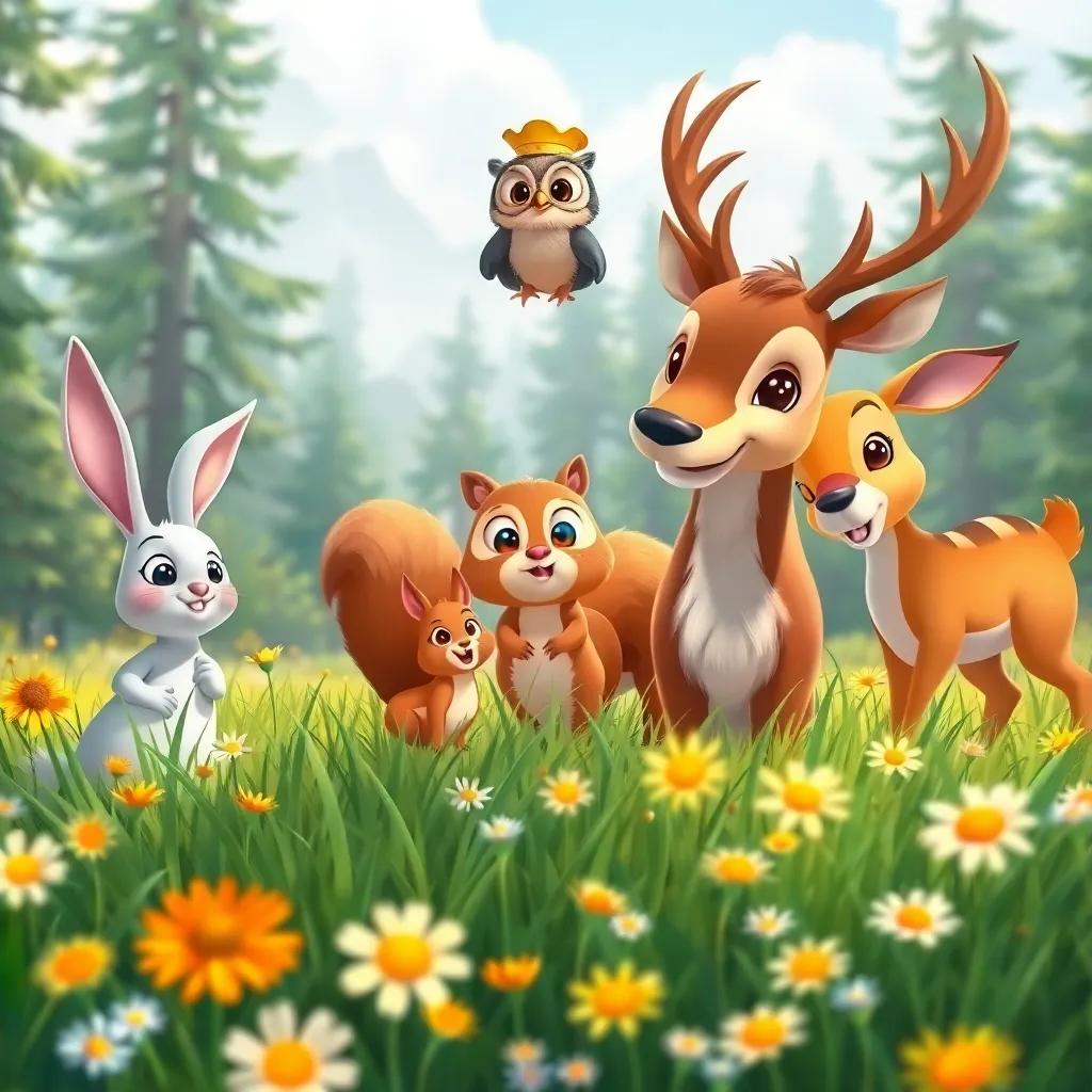 A group of forest animals including Rabbit, Squirrel, and Deer with Captain Owl in a sunny meadow, surrounded by wildflowers, looking curious and excited, illustration, bright colors, cheerful scene, child-friendly