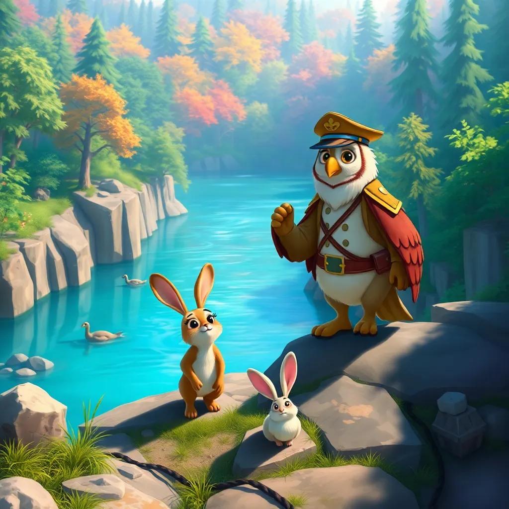 Captain Owl leading Rabbit and the other animals at the edge of a wide river, Rabbit looking scared while Captain Owl encourages him with a smile, bright day, colorful forest backdrop, digital painting, uplifting, adventure-themed