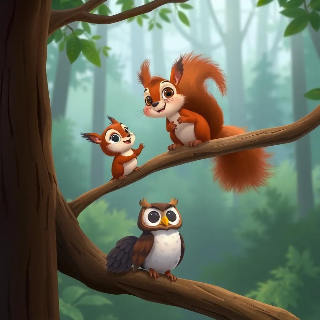 Squirrel perched high on a tree branch, excitedly looking out over the forest, with Captain Owl standing below, warning him to be careful, rich colors, heartwarming scene, storytelling view, child-friendly