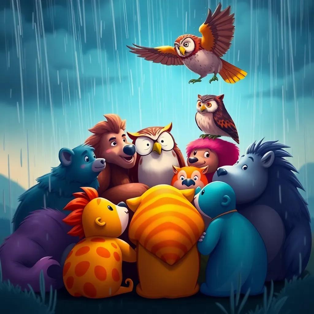 Animals huddled together during a storm, with Captain Owl comforting them amidst the rain and wind, a colorful and dynamic scene illustrating courage, digital art, emotional yet uplifting, vibrant hues