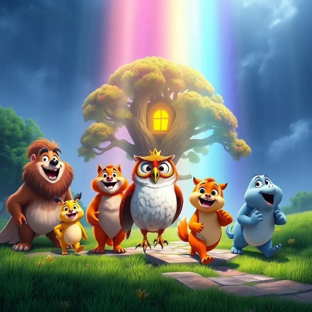 A rainbow appears after the storm, Captain Owl leading the happy animals back towards their home in the oak tree, joyful expressions on their faces, bright and colorful, cheerful reunion scene, high quality