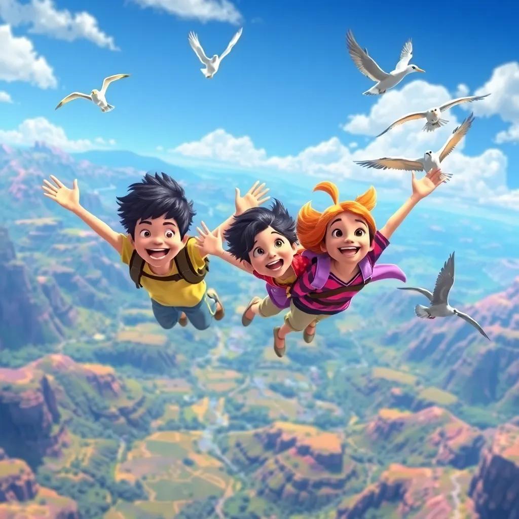 The friends flying high above valleys, with bright landscapes around, birds soaring alongside them, all joyful and excited on their adventure together, digital art, vivid colors, adventure-filled atmosphere, child-friendly